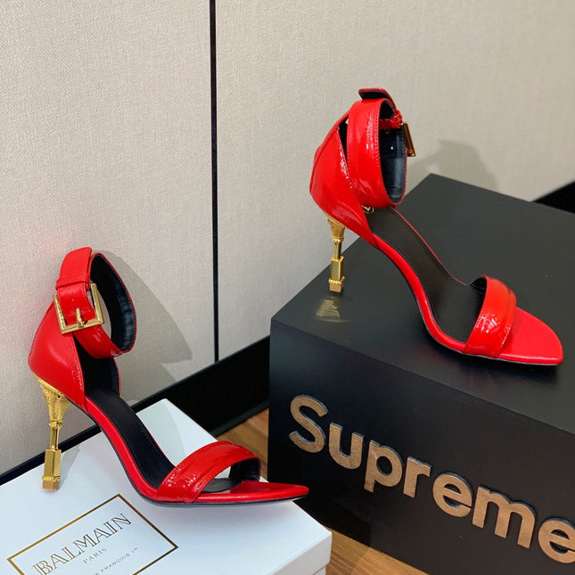 BALMAIN 25S SQUARE STRAP HIGH HEELS 100MM IN RED PATENT CALFSKIN
