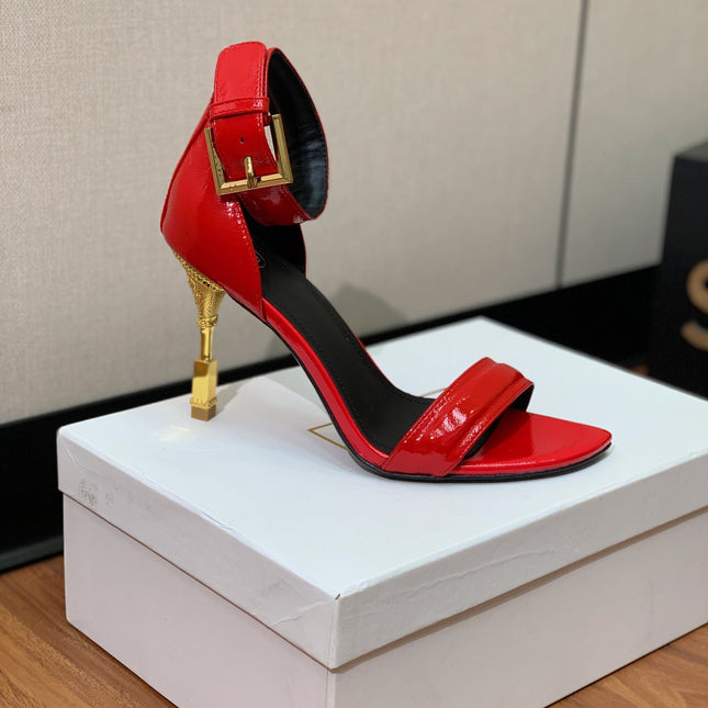 BALMAIN 25S SQUARE STRAP HIGH HEELS 100MM IN RED PATENT CALFSKIN