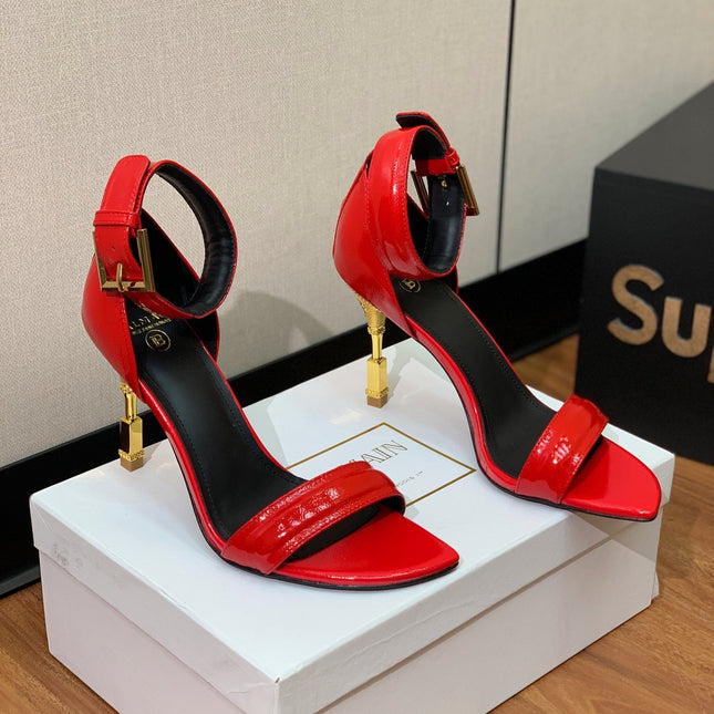 BALMAIN 25S SQUARE STRAP HIGH HEELS 100MM IN RED PATENT CALFSKIN