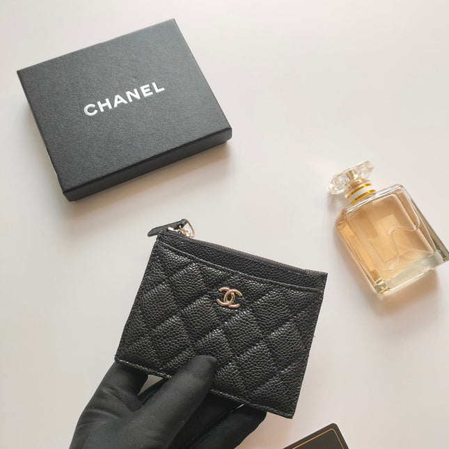 CC ZIPPED CARD HOLDER 11.5 BLACK GRAINED CALFSKIN GOLD ICON