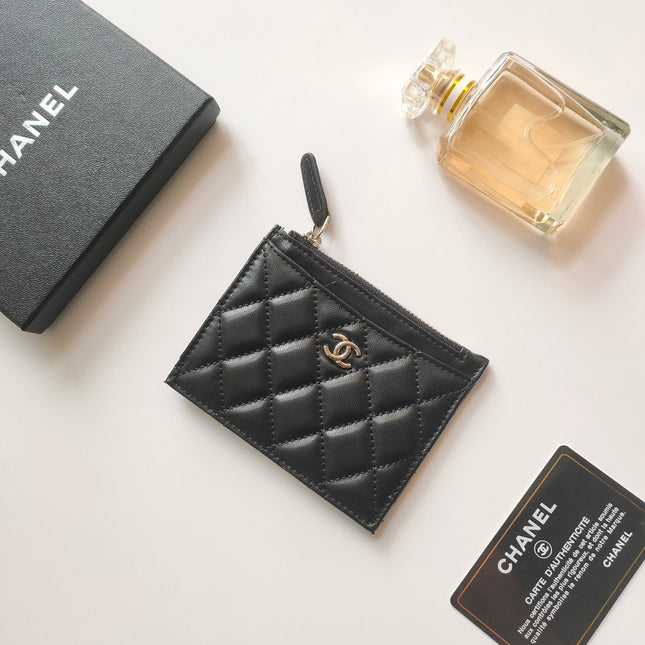 CC ZIPPED CARD HOLDER 11.5 BLACK CALFSKIN GOLD ICON