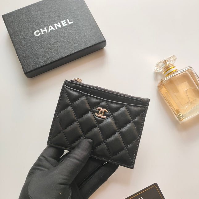 CC ZIPPED CARD HOLDER 11.5 BLACK CALFSKIN GOLD ICON