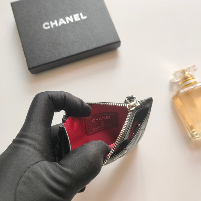 CC ZIPPED CARD HOLDER 11.5 BLACK CALFSKIN GOLD ICON