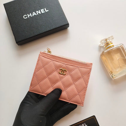 CC ZIPPED CARD HOLDER 11.5 PEACH GRAINED CALFSKIN GOLD ICON