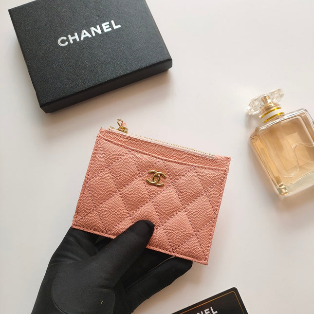 CC ZIPPED CARD HOLDER 11.5 PEACH GRAINED CALFSKIN GOLD ICON