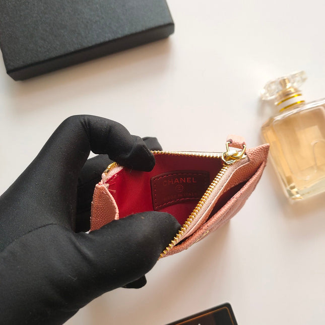 CC ZIPPED CARD HOLDER 11.5 PEACH GRAINED CALFSKIN GOLD ICON