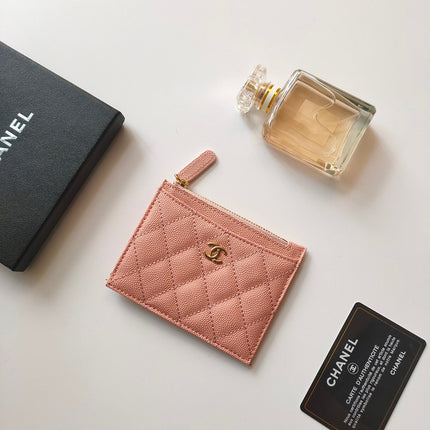 CC ZIPPED CARD HOLDER 11.5 PEACH GRAINED CALFSKIN GOLD ICON