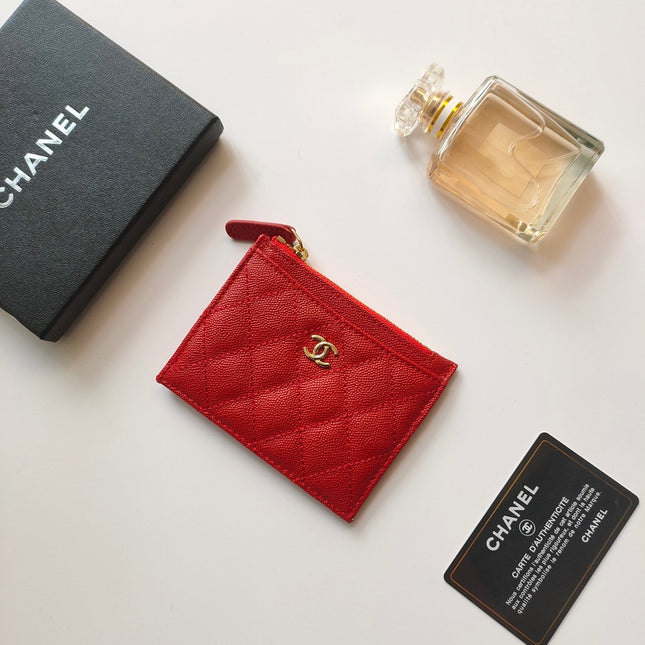 CC ZIPPED CARD HOLDER 11.5 RED GRAINED CALFSKIN GOLD ICON