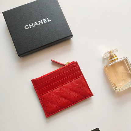 CC ZIPPED CARD HOLDER 11.5 RED GRAINED CALFSKIN GOLD ICON