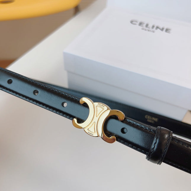 CELINE 25S TRIOMPHE BELT 18MM IN BLACK CALFSKIN GOLD HARDWARE 580707