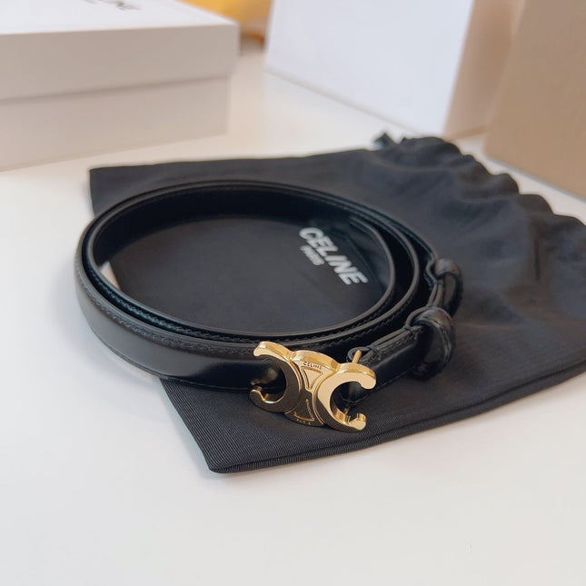 CELINE 25S TRIOMPHE BELT 18MM IN BLACK CALFSKIN GOLD HARDWARE 580707