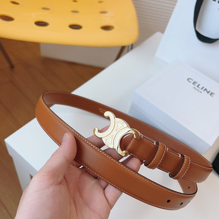 CELINE 25S TRIOMPHE BELT 25MM IN CARAMEL CALFSKIN GOLD HARDWARE 580704