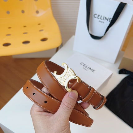 CELINE 25S TRIOMPHE BELT 25MM IN CARAMEL CALFSKIN GOLD HARDWARE 580704
