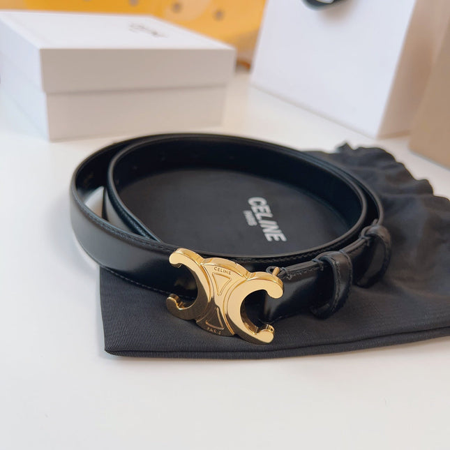 CELINE 25S TRIOMPHE BELT 25MM IN BLACK CALFSKIN GOLD HARDWARE 580705