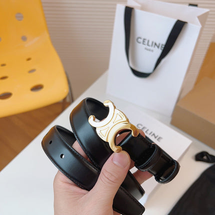 CELINE 25S TRIOMPHE BELT 25MM IN BLACK CALFSKIN GOLD HARDWARE 580705