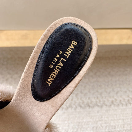 LA 16 HEELED MULES IN BEIGE RABBIT FUR AND SMOOTH LAMBSKIN