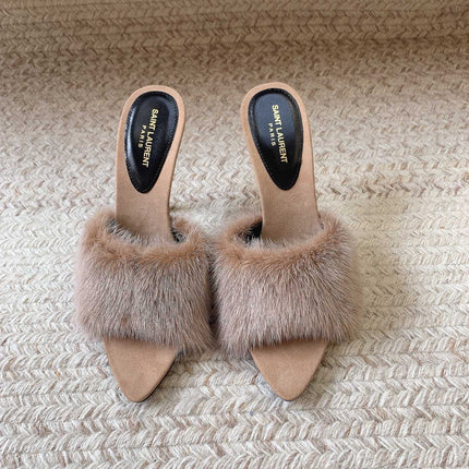 LA 16 HEELED MULES IN BEIGE RABBIT FUR AND SMOOTH LAMBSKIN