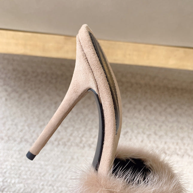LA 16 HEELED MULES IN BEIGE RABBIT FUR AND SMOOTH LAMBSKIN