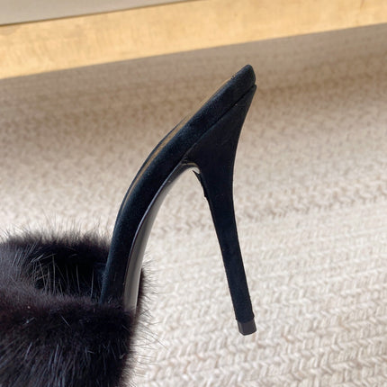 LA 16 HEELED MULES IN BLACK RABBIT FUR AND SMOOTH LAMBSKIN