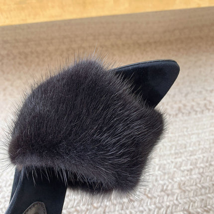 LA 16 HEELED MULES IN BLACK RABBIT FUR AND SMOOTH LAMBSKIN