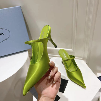 PRA HIGH-HEELED MULES PEAR SATIN
