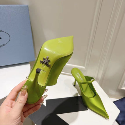 PRA HIGH-HEELED MULES PEAR SATIN