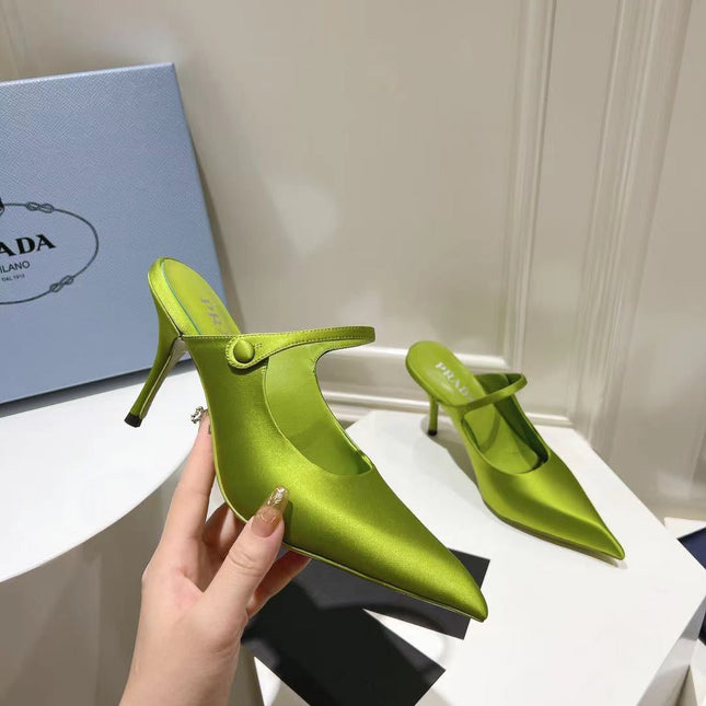 PRA HIGH-HEELED MULES PEAR SATIN
