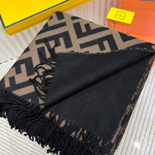 FF 170 CM SCARF IN CAMEL BROWN MIX BLACK CASHMERE AND WOOL