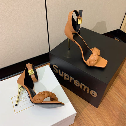 BALMAIN 25S ANKLE STRAP HIGH HEEL 95MM IN BROWN CALFSKIN