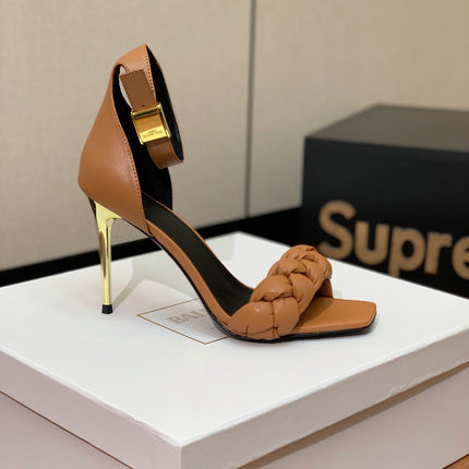 BALMAIN 25S ANKLE STRAP HIGH HEEL 95MM IN BROWN CALFSKIN