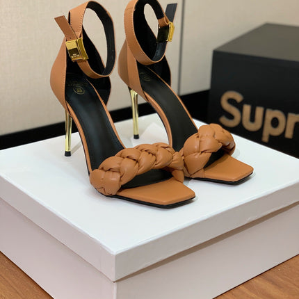 BALMAIN 25S ANKLE STRAP HIGH HEEL 95MM IN BROWN CALFSKIN