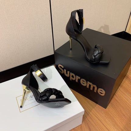 BALMAIN 25S ANKLE STRAP HIGH HEEL 95MM IN BLACK CALFSKIN