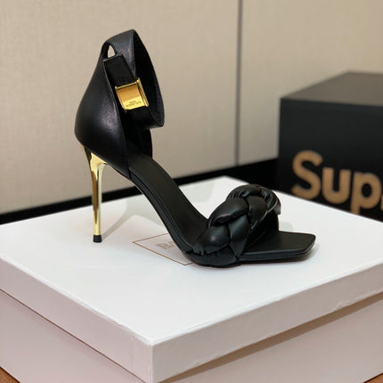 BALMAIN 25S ANKLE STRAP HIGH HEEL 95MM IN BLACK CALFSKIN