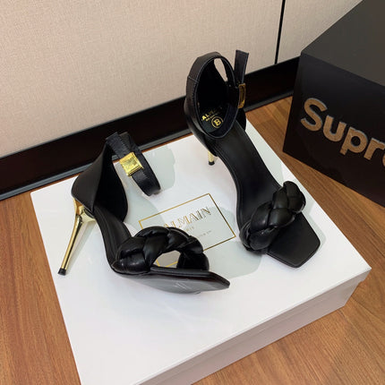 BALMAIN 25S ANKLE STRAP HIGH HEEL 95MM IN BLACK CALFSKIN