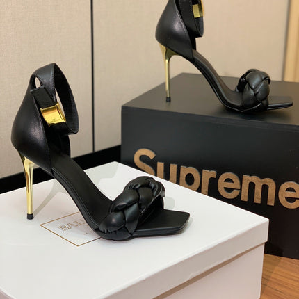 BALMAIN 25S ANKLE STRAP HIGH HEEL 95MM IN BLACK CALFSKIN