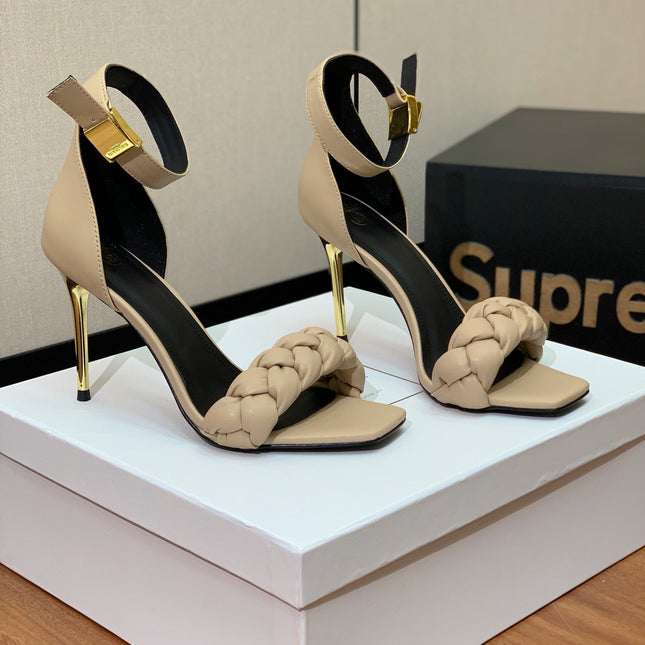 BALMAIN 25S ANKLE STRAP HIGH HEEL 95MM IN BEIGE GRAY CALFSKIN