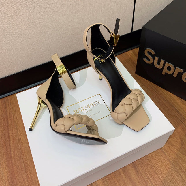 BALMAIN 25S ANKLE STRAP HIGH HEEL 95MM IN BEIGE GRAY CALFSKIN