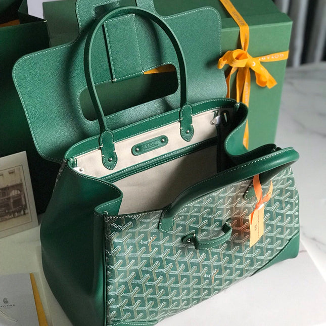 SAIGON SOUPLE BAG 34 IN GREEN GOYARDINE CANVAS AND CALFSKIN