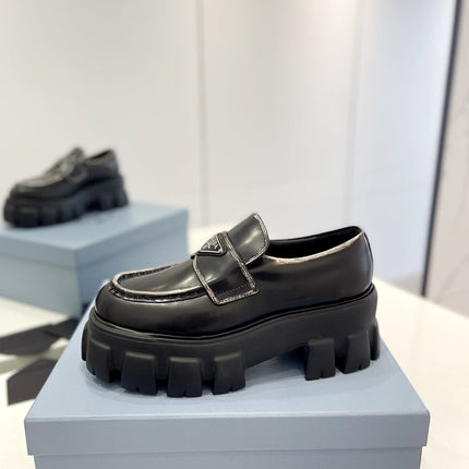 PRA BRUSHED LEATHER MONOLITH LOAFERS BLACK-SILVER BORDER