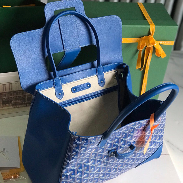SAIGON SOUPLE BAG 34 IN CURIOUS BLUE GOYARDINE CANVAS AND CALFSKIN