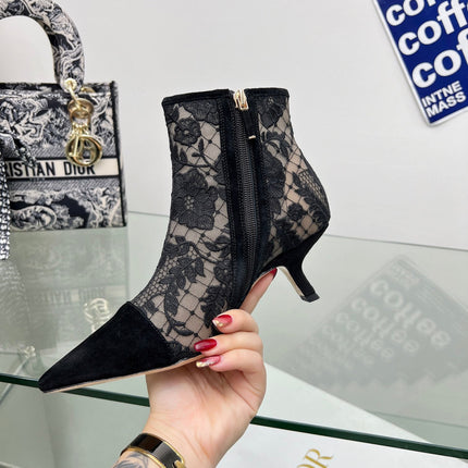 DIOR 25S POINTED-TOE ANKLE BOOTS 50 MM IN BLACK MESH TULLE AND SUEDE