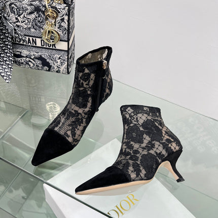 DIOR 25S POINTED-TOE ANKLE BOOTS 50 MM IN BLACK MESH TULLE AND SUEDE