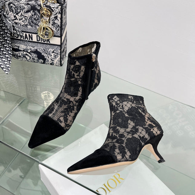 DIOR 25S POINTED-TOE ANKLE BOOTS 50 MM IN BLACK MESH TULLE AND SUEDE
