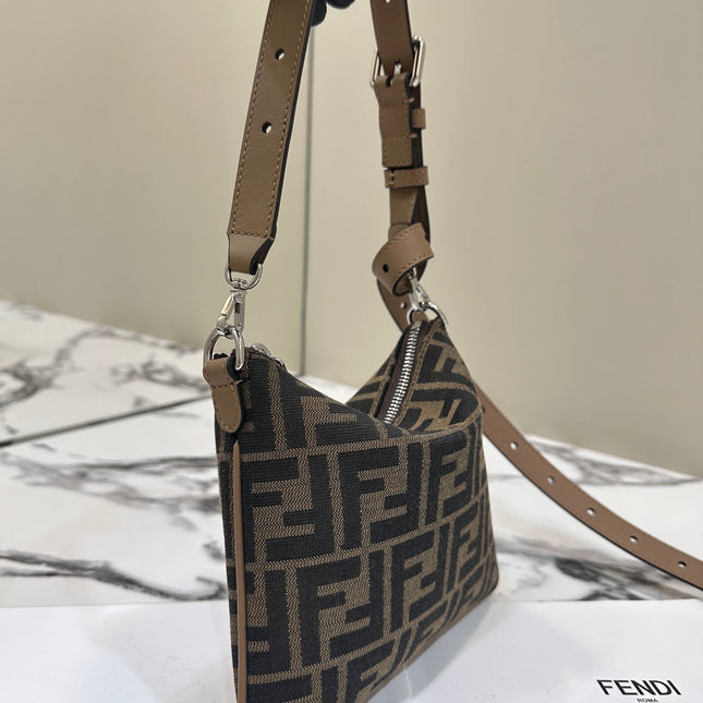 SHOULDER BAG 19 WITH FF MOTIF IN BROWN JACQUARD FABRIC