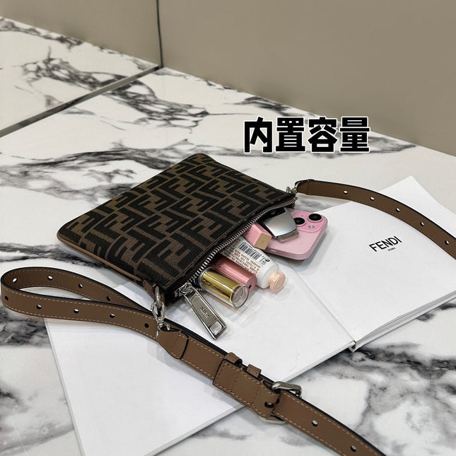 SHOULDER BAG 19 WITH FF MOTIF IN BROWN JACQUARD FABRIC