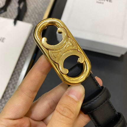 TRIOMPHE BELT 25MM IN BLACK CALFSKIN OVAL BUCKLE AND ENGRAVED LOGO