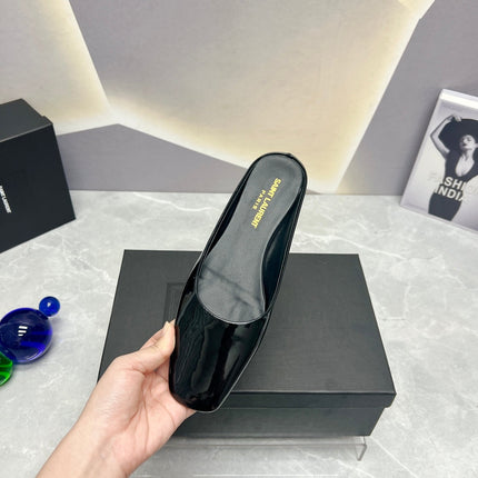 SL SQUARE TOE FLAT MULES BLACK POLISHED CALFSKIN