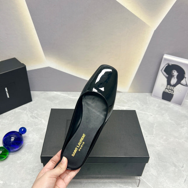 SL SQUARE TOE FLAT MULES BLACK POLISHED CALFSKIN