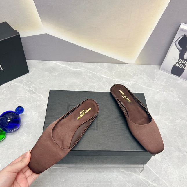 SL SQUARE TOE FLAT MULES BROWN SATIN