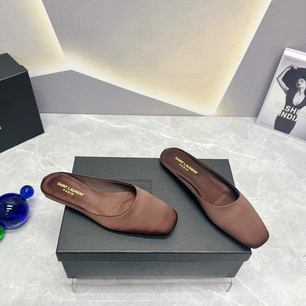 SL SQUARE TOE FLAT MULES BROWN SATIN